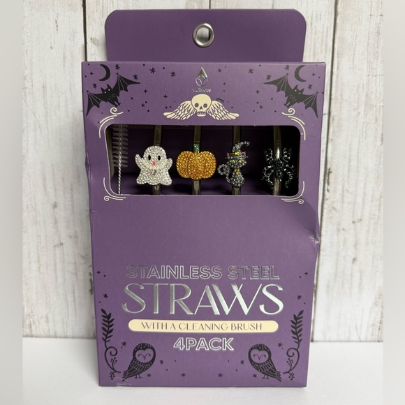 Halloween Reusable Bejeweled Straws 4 Pack with Cleaning Brush NWT - Picture 1 of 5